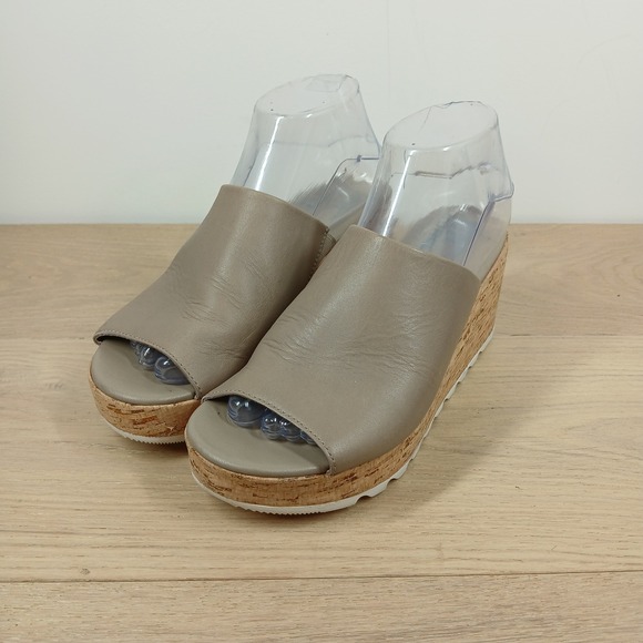 Sorel Shoes - Sorel Joanie II Slide Sandals Women's 8 Taupe Leather Cork Wedge Platform